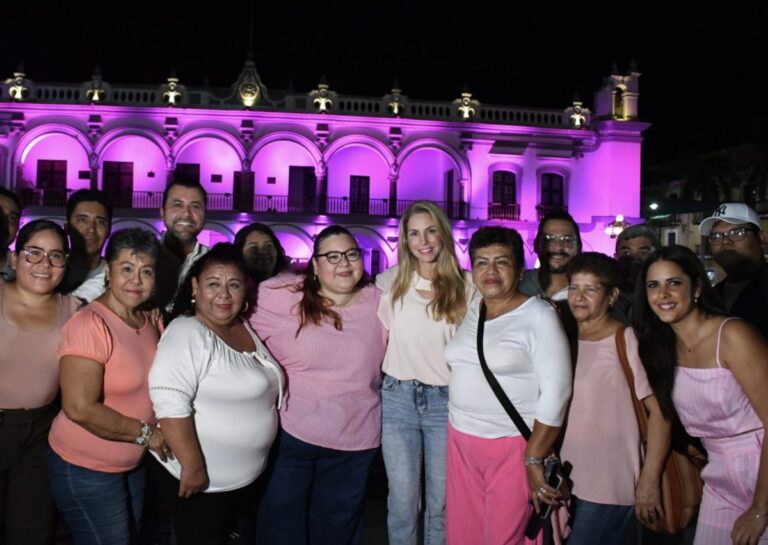 Patricia Lobeira Rodríguez durante el encendido en rosa del Palacio Municipal de Veracruz.