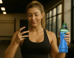 Mujer hidratándose con Sporade después de entrenar.