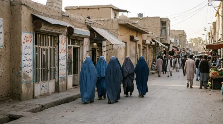 Grupo de mujeres afganas caminando por una calle de Afganistán bajo las restricciones impuestas por las autoridades talibanas.