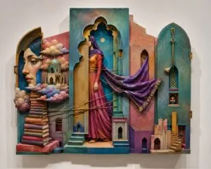 Obra escultórica inspirada en Arghavan Khosravi que integra arquitectura persa, figuras femeninas y elementos simbólicos.