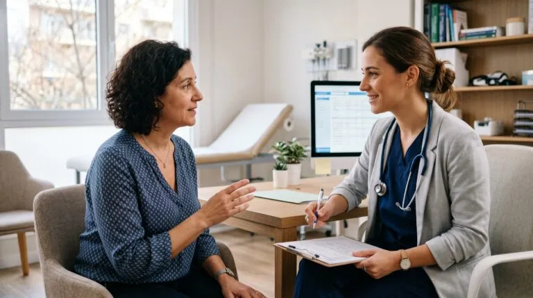Mujer conversa con una profesional de la salud durante una consulta médica en un consultorio. salud femenina