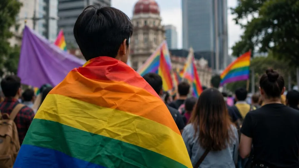 Persona con una bandera arcoíris participa en una manifestación pacífica en favor de los derechos LGBTQ+ y la diversidad.