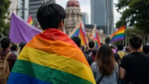 Persona con una bandera arcoíris participa en una manifestación pacífica en favor de los derechos LGBTQ+ y la diversidad.
