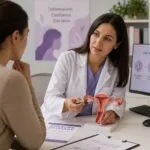 Mujer recibe información médica sobre un proceso de donación de óvulos durante una consulta de fertilidad.
