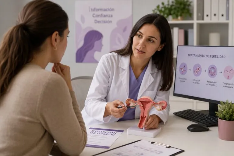 Mujer recibe información médica sobre un proceso de donación de óvulos durante una consulta de fertilidad.