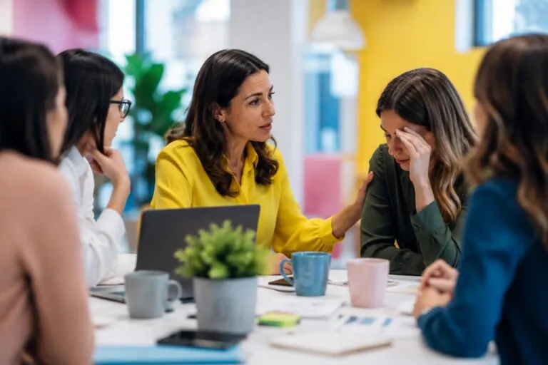 Mujer ejecutiva liderando una reunión de trabajo mientras acompaña a su equipo durante un proceso de cambio organizacional.