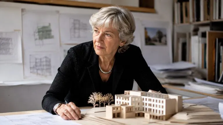 Arquitecta revisa una maqueta arquitectónica en su estudio de diseño mientras desarrolla un nuevo proyecto.