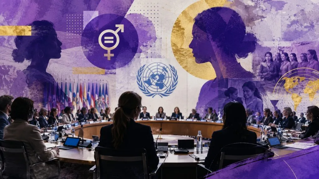 Representación editorial de una reunión internacional sobre igualdad de género y derechos de las mujeres, utilizada para ilustrar el debate sobre la posible fusión entre ONU Mujeres y UNFPA dentro del sistema de Naciones Unidas.