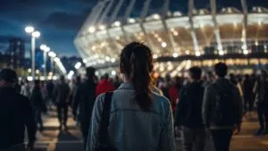 Mujer observando una multitud en las inmediaciones de un estadio durante la noche, imagen utilizada para ilustrar los riesgos de violencia contra las mujeres, trata de personas y seguridad durante el Mundial 2026 en México, Estados Unidos y Canadá.