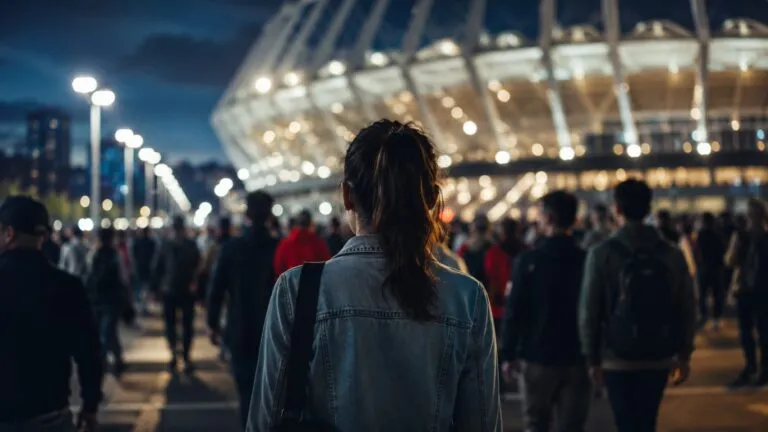 Mujer observando una multitud en las inmediaciones de un estadio durante la noche, imagen utilizada para ilustrar los riesgos de violencia contra las mujeres, trata de personas y seguridad durante el Mundial 2026 en México, Estados Unidos y Canadá.