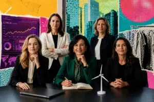 Grupo de mujeres líderes empresariales en una oficina corporativa moderna con indicadores económicos, edificios financieros y elementos relacionados con energía, infraestructura y moda, representando el liderazgo femenino en Europa durante 2026.