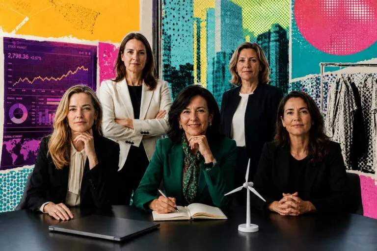 Grupo de mujeres líderes empresariales en una oficina corporativa moderna con indicadores económicos, edificios financieros y elementos relacionados con energía, infraestructura y moda, representando el liderazgo femenino en Europa durante 2026.