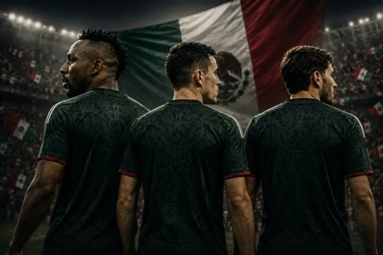 Tres futbolistas de la Selección Mexicana observan el estadio mientras el debate sobre los jugadores naturalizados vuelve al centro de la conversación pública.