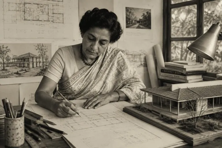 Arquitecta trabaja sobre planos y una maqueta en su estudio, inspirada en el legado de Minnette de Silva.