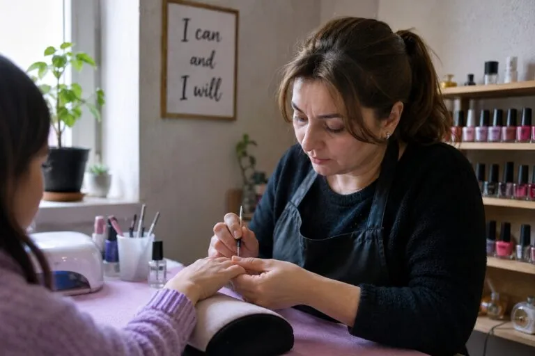 Mujer emprendedora ofrece un servicio de manicura en su pequeño negocio después de recibir capacitación profesional.