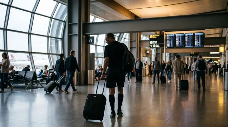 Hombre con equipaje camina por un aeropuerto internacional como representación del caso del árbitro Omar Artan antes del Mundial 2026.