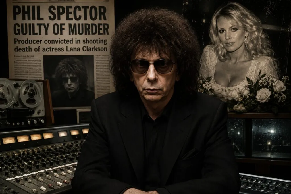 Representación editorial inspirada en Phil Spector dentro de un estudio de grabación con un ambiente oscuro que simboliza el contraste entre su éxito musical y su historial de violencia.