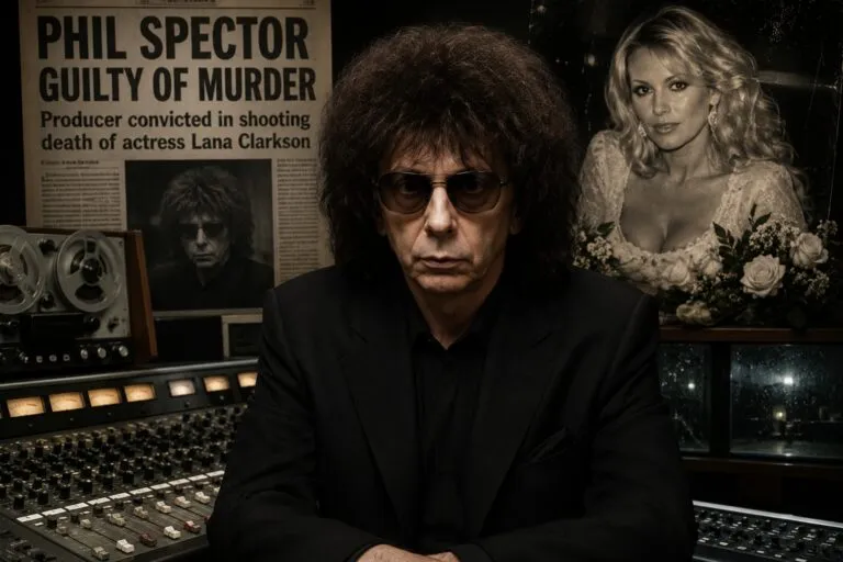 Representación editorial inspirada en Phil Spector dentro de un estudio de grabación con un ambiente oscuro que simboliza el contraste entre su éxito musical y su historial de violencia.
