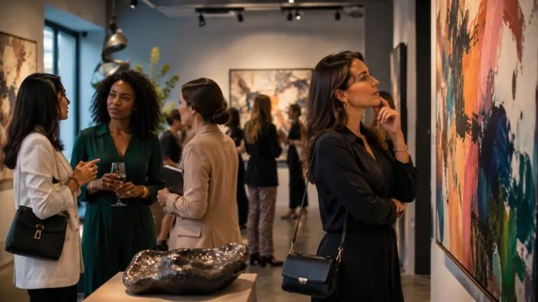 Mujeres observando y analizando obras en una galería de arte contemporáneo, imagen editorial sobre inversión en arte, emprendimiento femenino, liderazgo de mujeres y construcción de patrimonio a largo plazo.