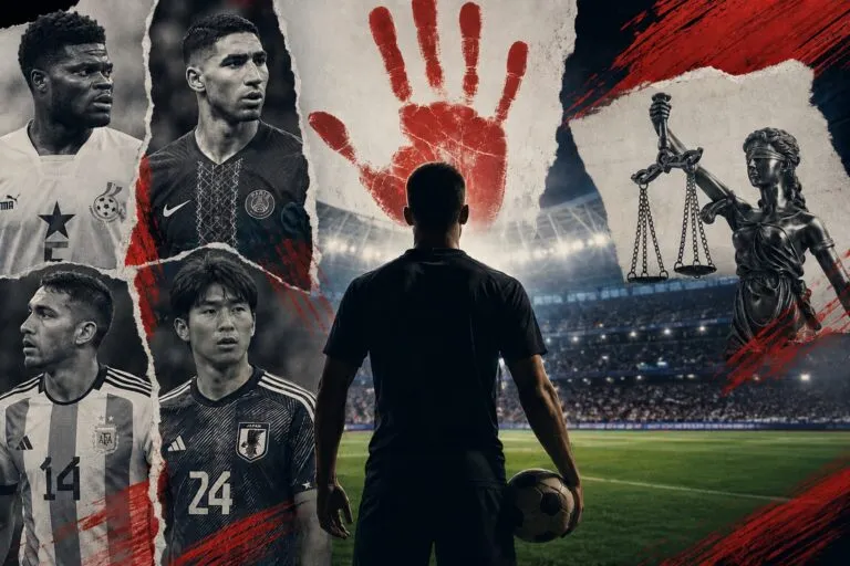 Composición editorial sobre el Mundial 2026 con referencias visuales al futbol, la justicia y el debate sobre violencia de género.