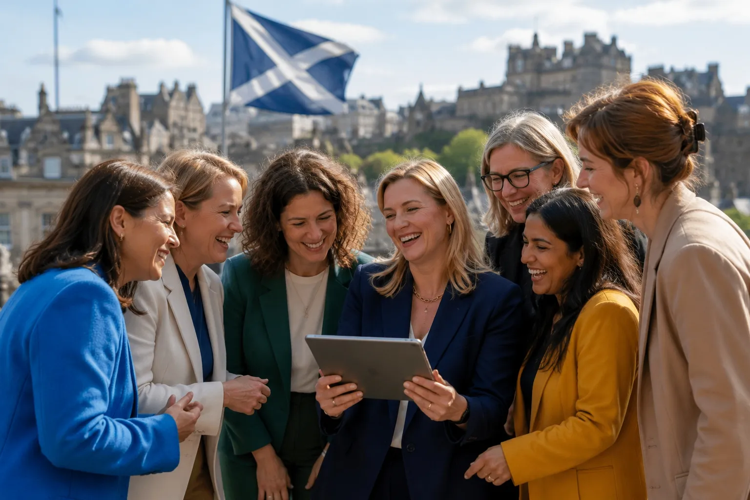 Grupo de mujeres profesionistas reunidas en Escocia durante un encuentro de liderazgo, colaboración y mentoría. redes de apoyo para mujeres