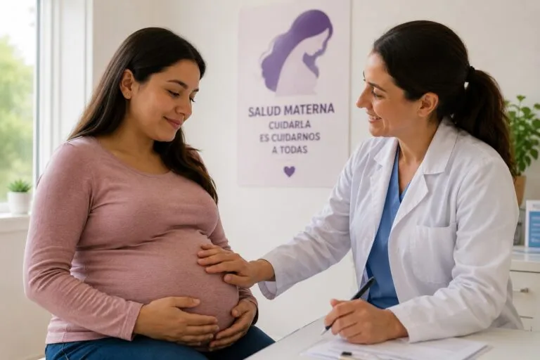 Médica conversa con una mujer embarazada durante un control prenatal, reflejando la importancia de la atención médica oportuna y el acompañamiento durante el embarazo.