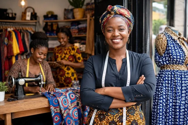 Mujer emprendedora dirige un negocio de moda y confección en Uganda, ejemplo del crecimiento del emprendimiento femenino en África.