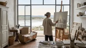 Artista pinta un bodegón en un estudio con objetos cotidianos y un paisaje de salinas al fondo.