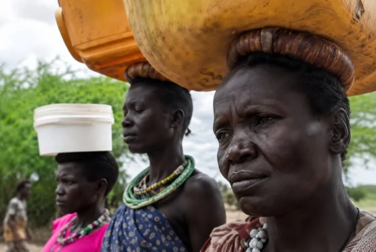 Mujeres en Sudán buscan agua en medio del conflicto armado y la crisis humanitaria que afecta a millones de personas.