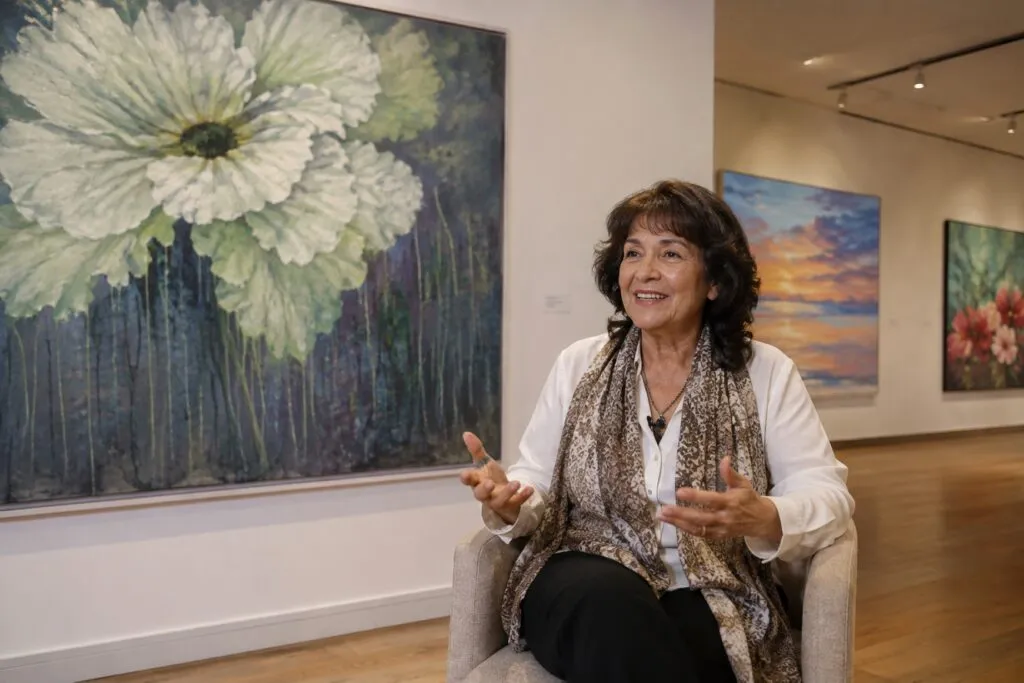 Victoria Montesinos presenta en Torreón una exposición con cielos abstractos, flores y figuras de mujeres