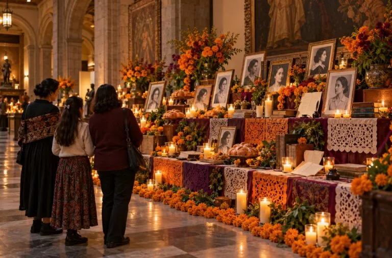 Ofrenda Mujeres en la Historia con flores de cempasúchil, fotografías y elementos dedicados al legado de mexicanas destacadas.