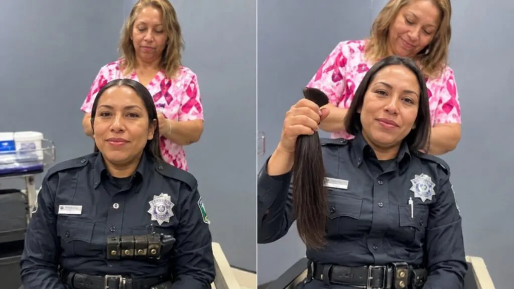 Policía de Santiago en Nuevo León participa en una donación de cabello para apoyar a mujeres con cáncer y promover campañas solidarias.